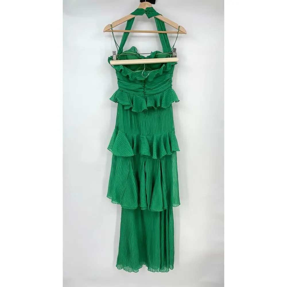 Line & Dot | NWT Cari Halter Maxi Dress in Kelly Green Tiered Pleated Halter XS - Picture 3 of 14